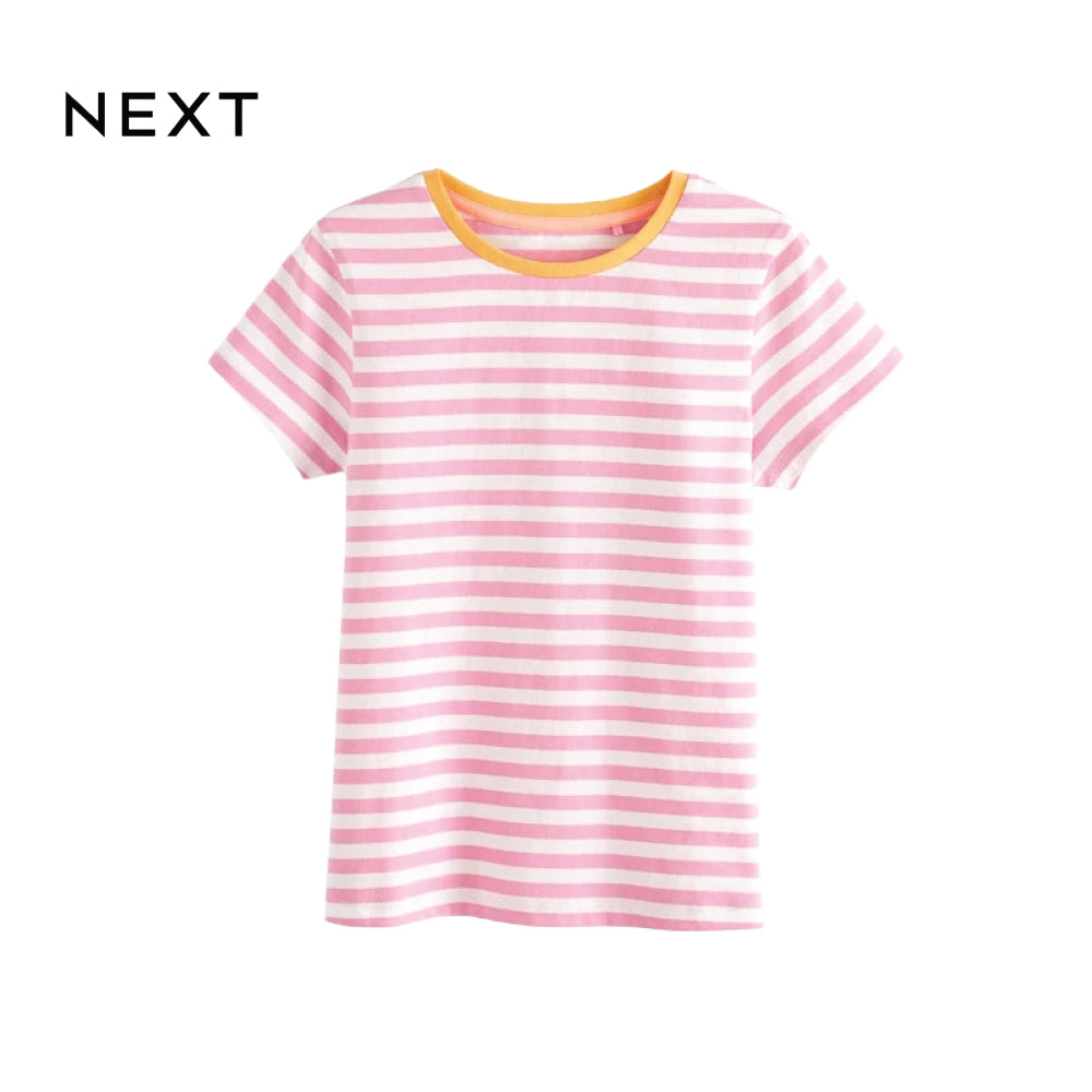 NEXT T-SHIRT PINK STRIPES YELLOW NECKLINE
