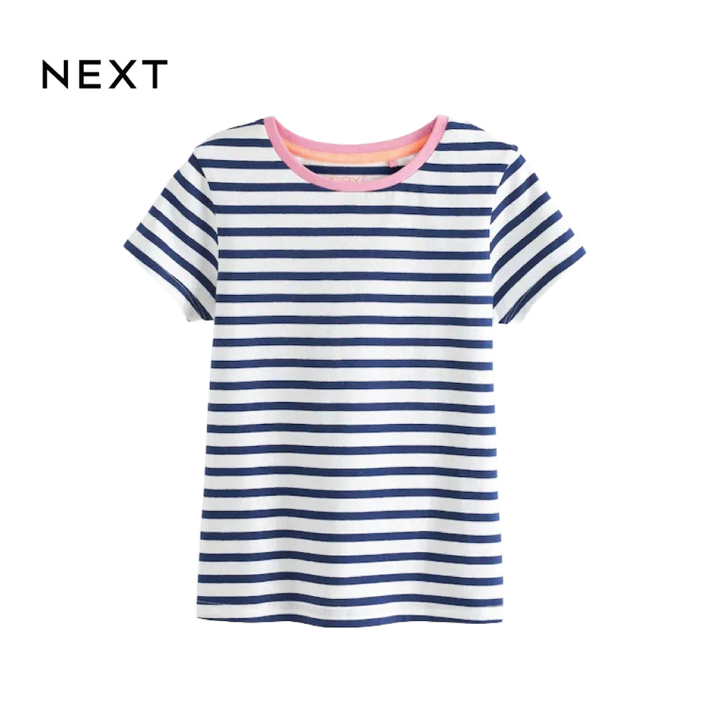 NEXT T-SHIRT BLUE STRIPES PINK NECKLINE