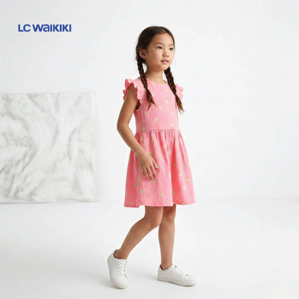 L.C. WAIKIKI FROCK NEON PINK WITH GREEN LEAVES