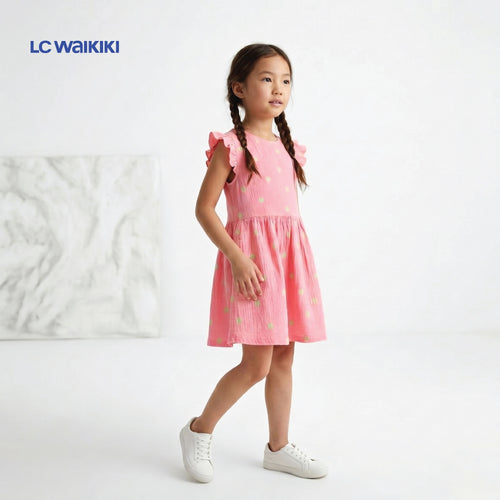 L.C. WAIKIKI FROCK NEON PINK WITH GREEN LEAVES