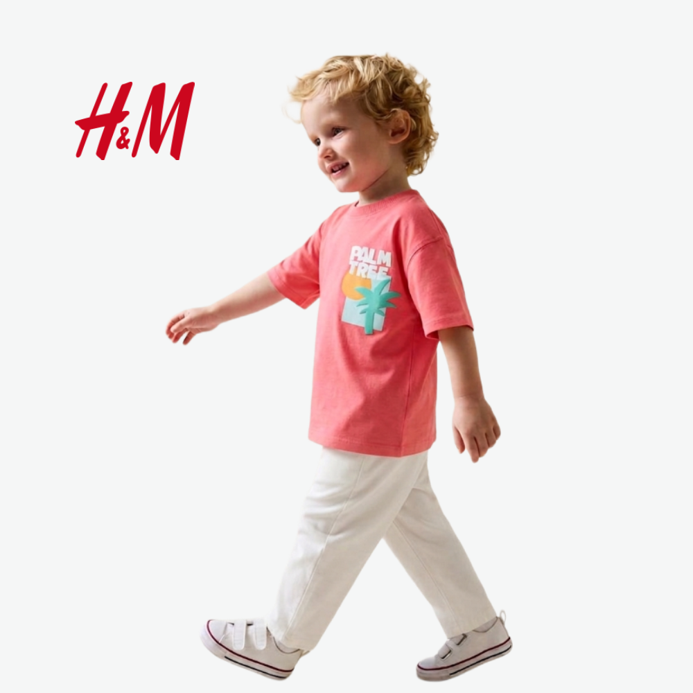 H&M SALMON PINK T-SHIRT PALM TREES